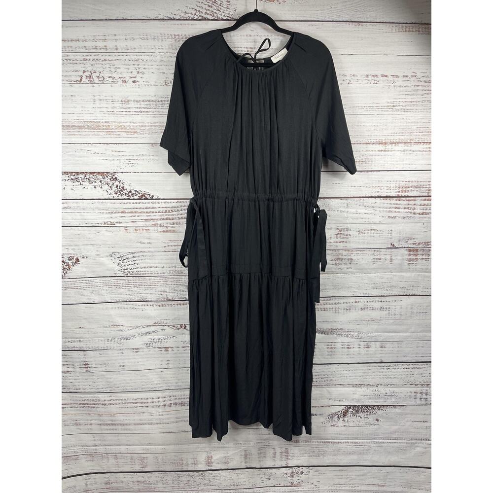 Böhme Dress Women's Large Black Pleated Tiered Boho Midi Sundress Half Sleeve